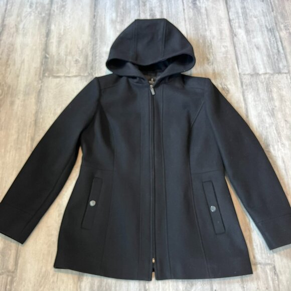 London Fog Black Wool-Blend Short Zip Jacket w/Hood, W's Medium - Picture 1 of 10